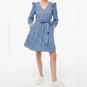 J. Crew Blue Floral Long Sleeve Dress Tie Waist 3X
